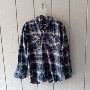 ladies hoodie shirt, soft flannel cotton, blue plaid, size L, new